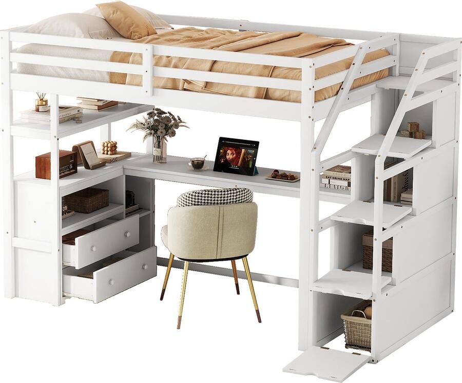 Merax Hoogslaper met Bureau en Opberglades Bed met Houten Lattenbodem en Opbergruimte 90x200 cm Wit