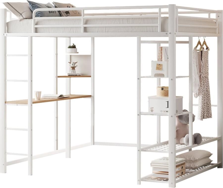 Merax Hoogslaper met Bureau en Opbergruimte – 90x200 cm Kinderbed Wit Met Ladder en Opbergvakken
