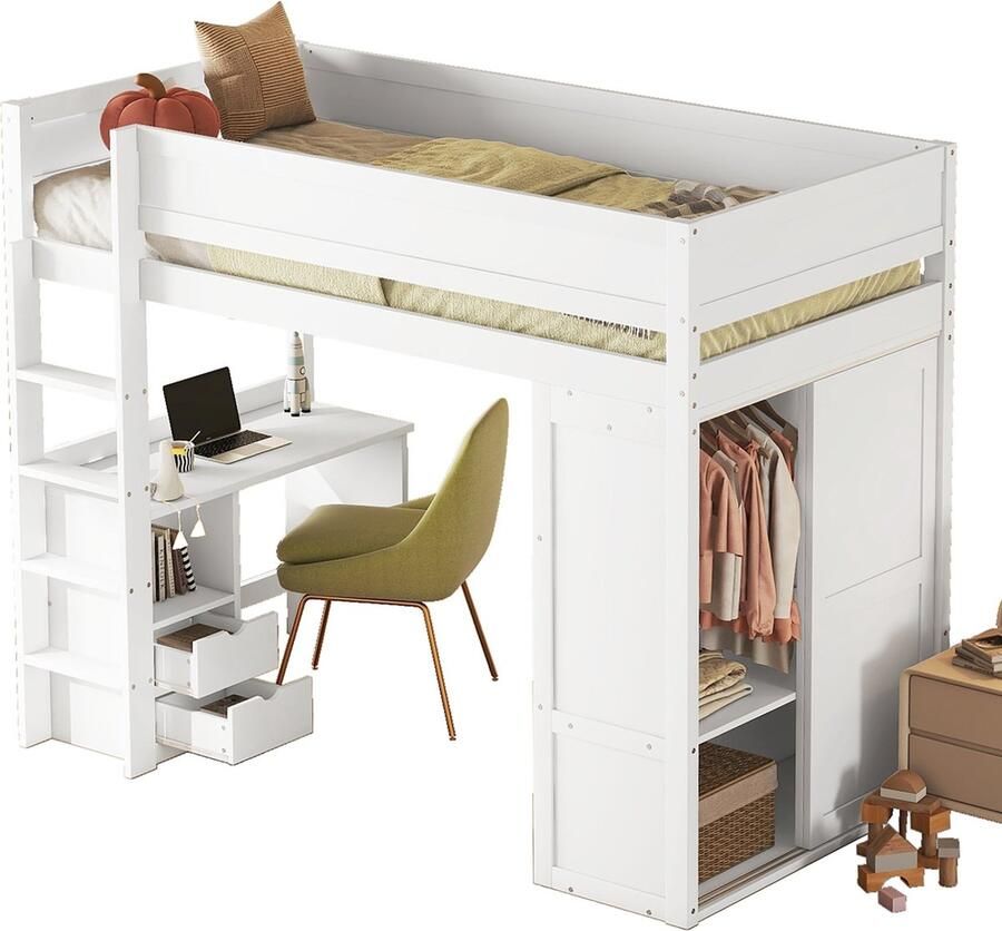 Merax Hoogslaper met Bureau Kast en Schuifladen Kinderbed van Hout en MDF 90x200 cm Wit