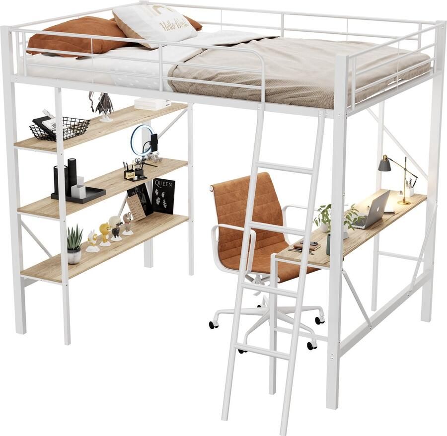 Merax Hoogslaper met Bureau Kinderbed 90x200 cm met Planken Metalen Bed met Opbergruimte Wit