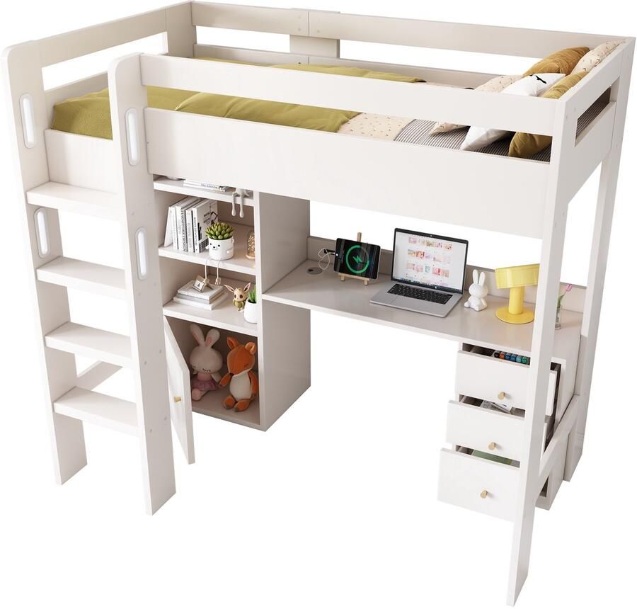 Merax hoogslaper met bureau kledingkast en lades kinderbed 90x200 wit bed met USB-C aansluiting bed met opbergruimte houten lattenbodem zonder matras