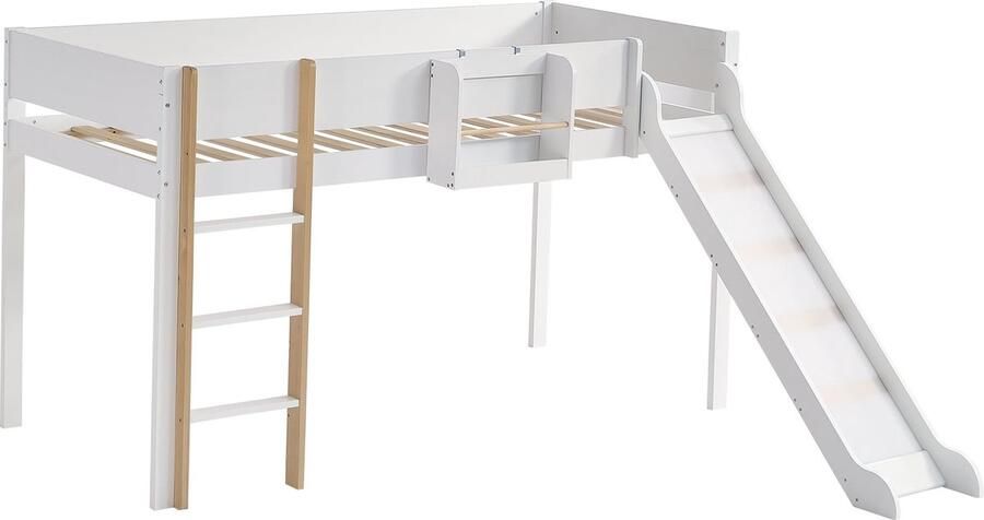 Merax Hoogslaper met Glijbaan en Trap Kinderbed 90x200 cm met Uitvalbeveiliging Houten Bed met Verplaatsbaar Plank en Opbergruimte Wit met Houtkleur Bruin