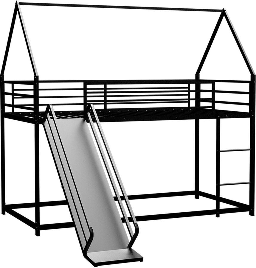 Merax Kinder Stapelbed Twin over Twin Metalen Etagenbed met Glijbaan en Trap Huisvorm Bedframe met Valbeveiliging Zwart