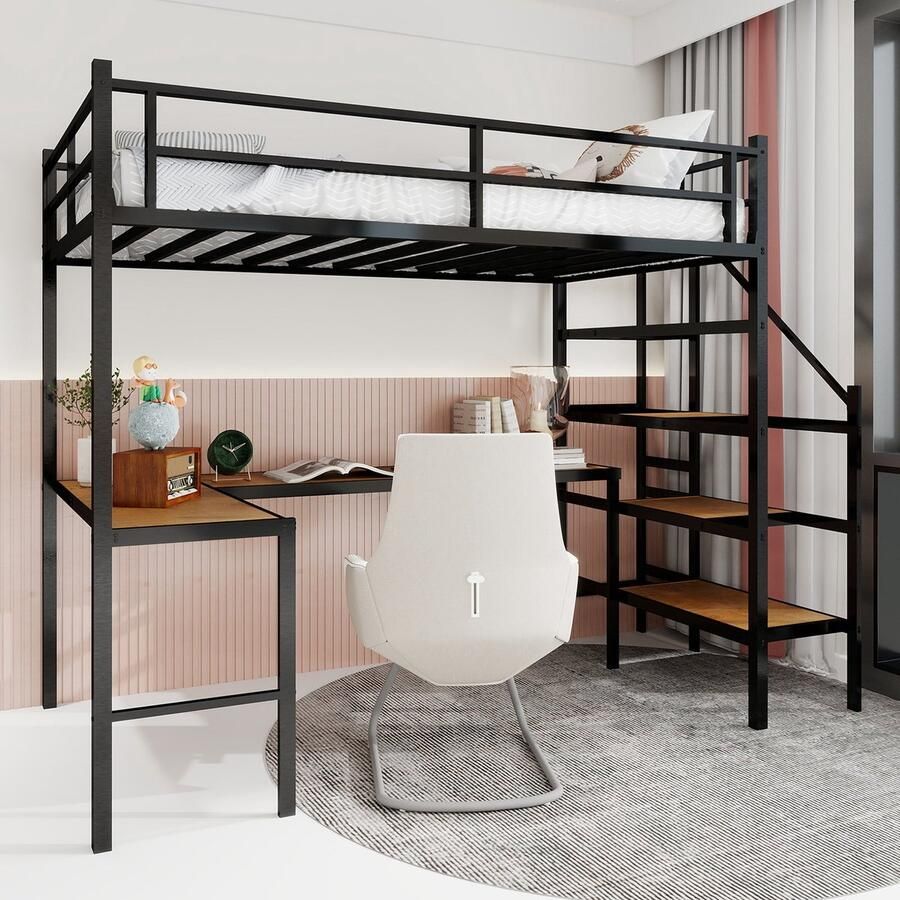 Merax Hoogslaper met L-vormig Bureau en Grote Opbergruimte – Stabiel Bedframe met Trappen en Volledig Veiligheidsrek – Ideaal voor Kleine Ruimtes – Zwart
