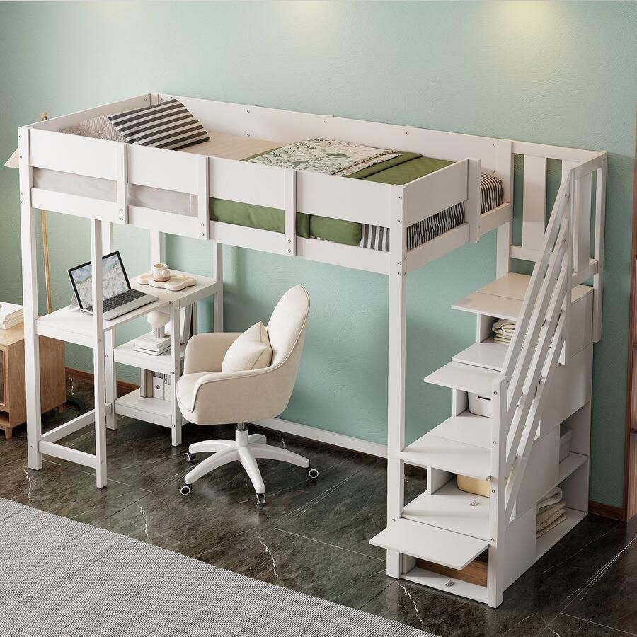 Merax Hoogslaper met opbergruimte 90 x 200 cm met plank massief houten bedframe met lattenbodem wit zonder matras