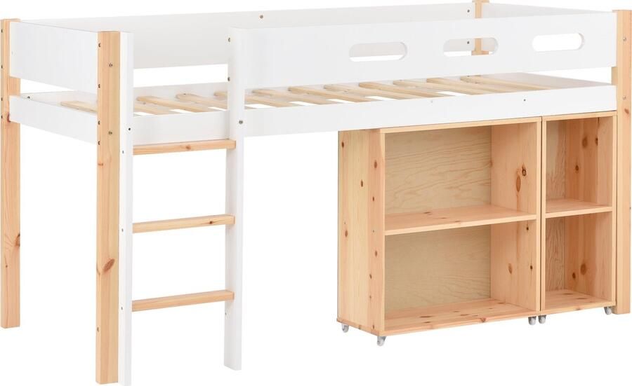 Merax Hoogslaper met Opbergruimte en Movable Kast Bunk Bed met Drie Staps Trap Massief Hout Natuurlijke en Witte Afwerking 90 x 200 cm