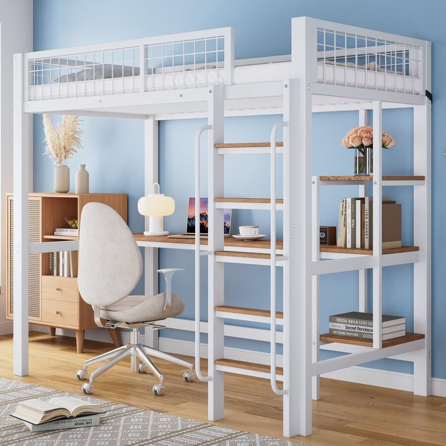 Merax Hoogslaper met tafel en planken met ladder met 5 treden met valstoprooster wit 90x200 cm zonder matras