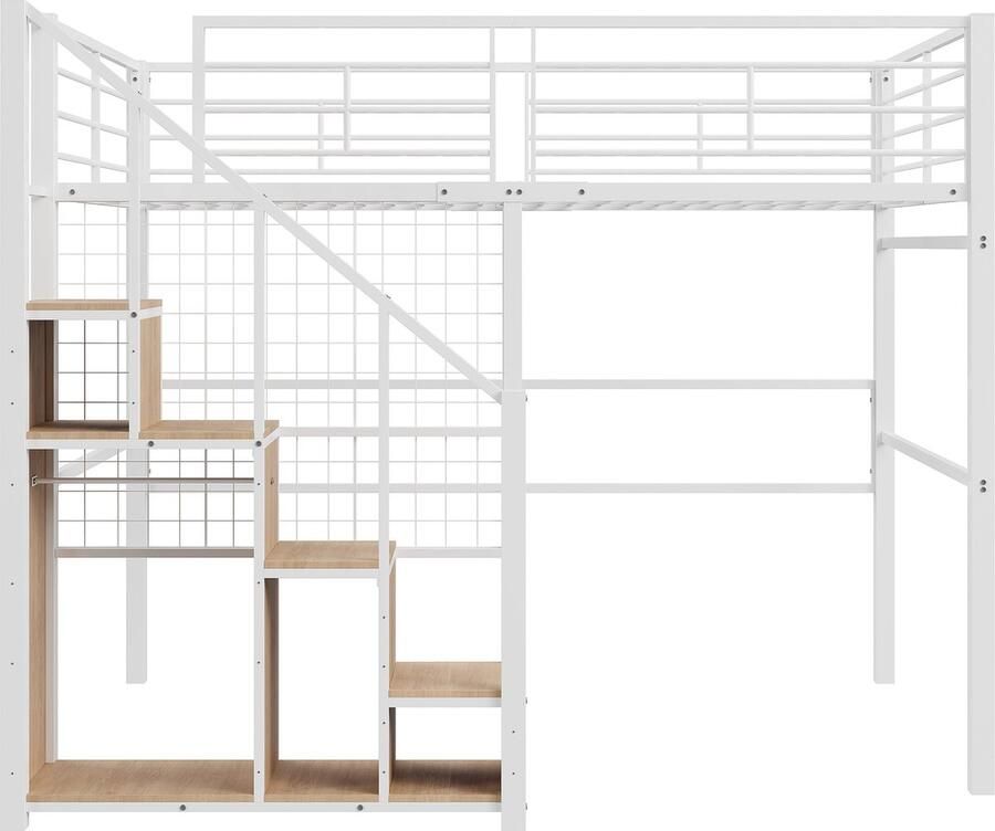 Merax Hoogslaper 140x200 cm met Uitvalbeveiliging Kinderbed met Metalen Frame en Opbergruimte Wit met Bruin - Foto 2