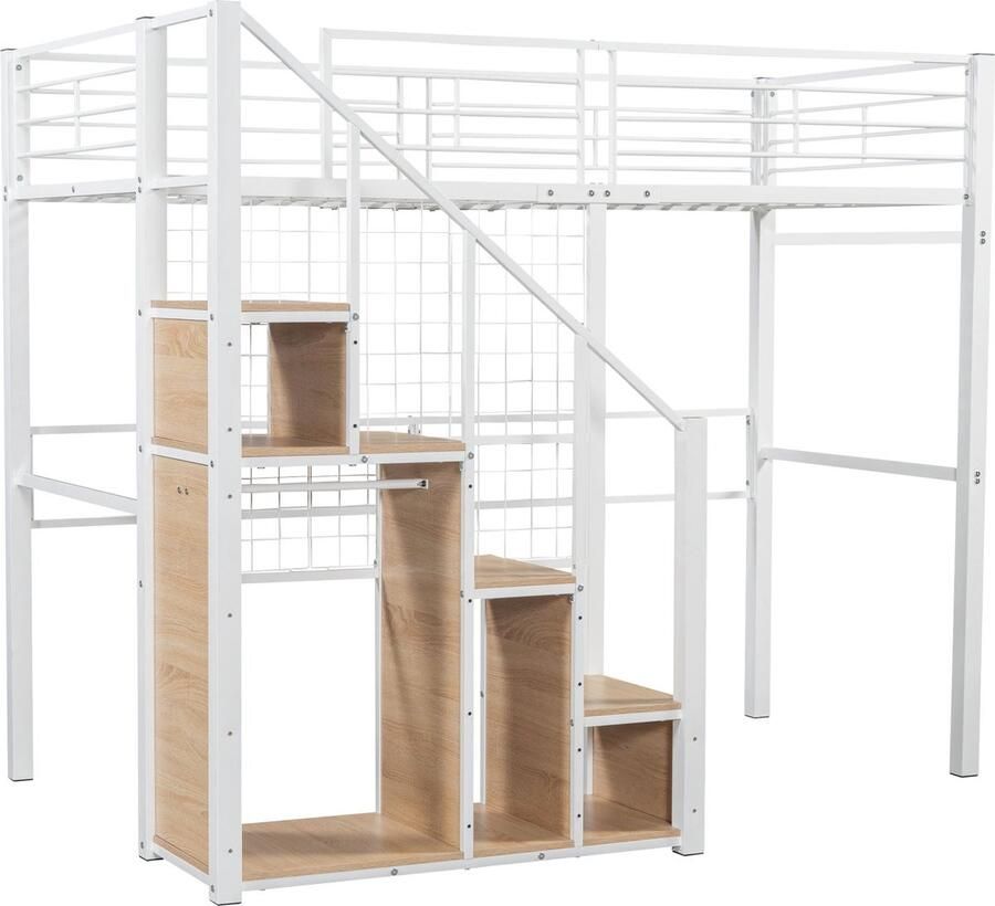 Merax Hoogslaper met Veiligheidsladder 90x200 cm Kinderbed met Stalen Frame en Opbergruimte Jeugd- en Eenpersoonsbed Wit