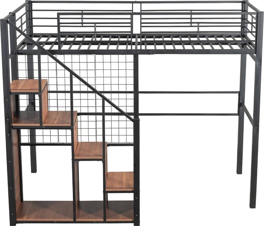 Merax Hoogslaper met Veiligheidsladder 90x200 cm Kinderbed met Stalen Frame en Opbergruimte Zwart