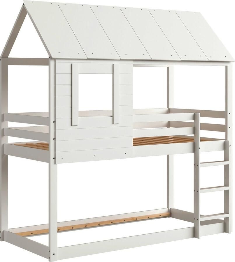 Merax Hoogslaper Stapelbed 90x200 cm met Dak en Raam Eenpersoonsbed met Uitvalbeveiliging en Ladder Wit