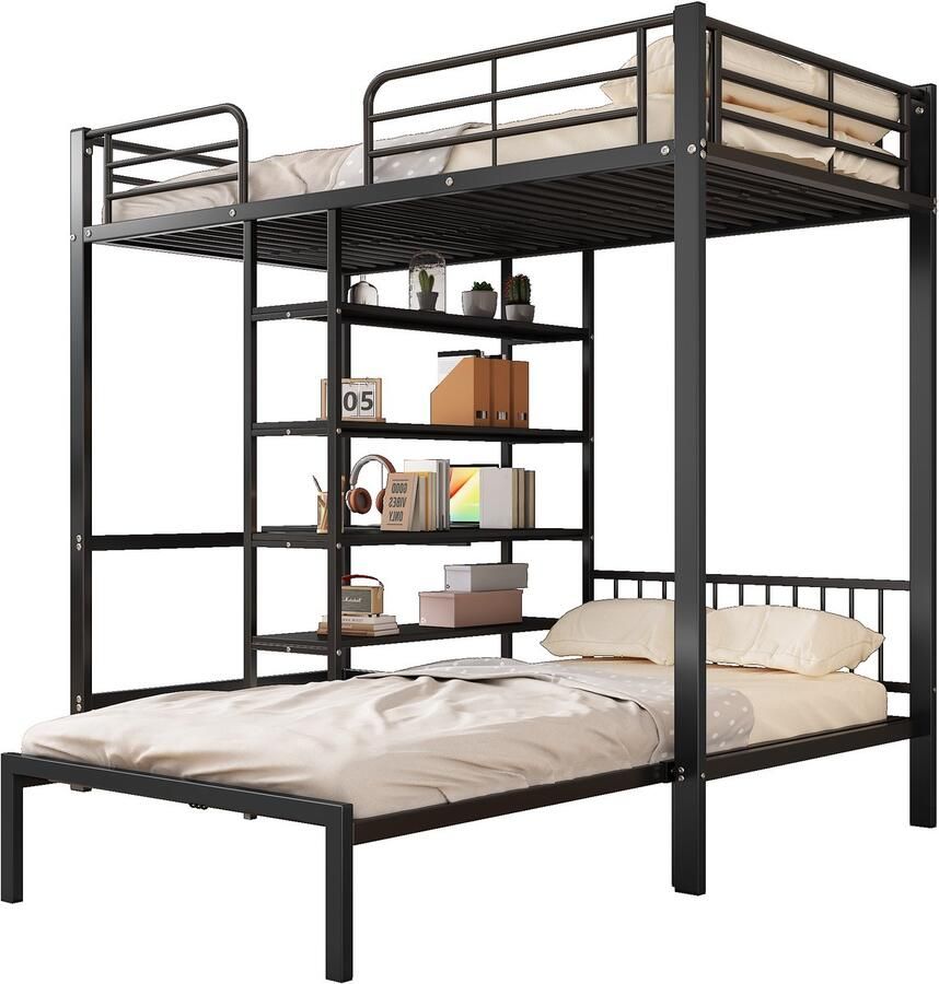 Merax Hoogslaper stapelbed met tafel en planken bed met trap zwart 90x200 cm zonder matras