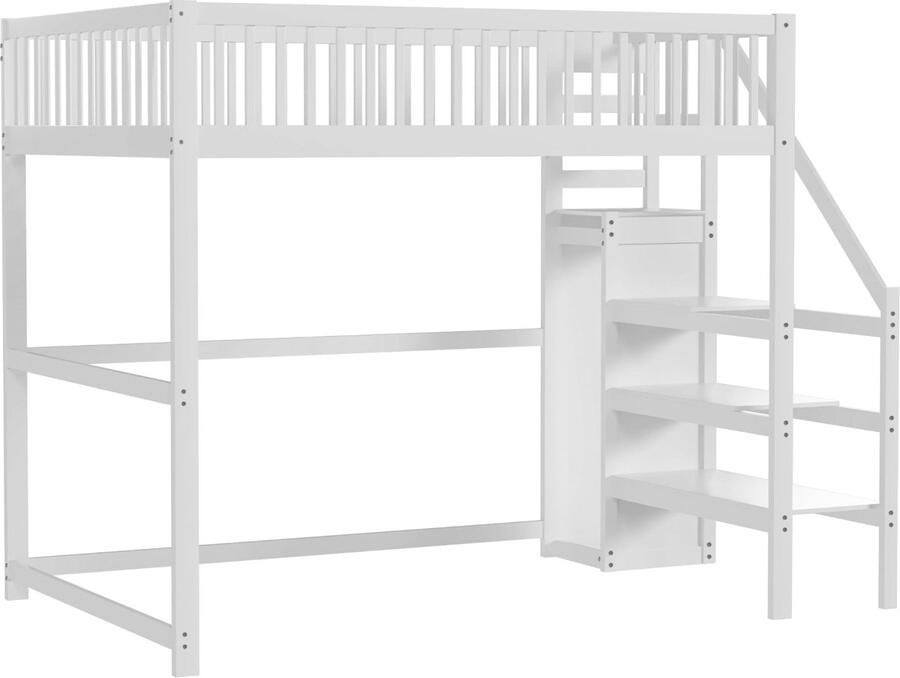 Merax Hoogslaper Tweepersoonsbed 140x200 cm Houten Kinderbed met Planken en Kledingkast Wit