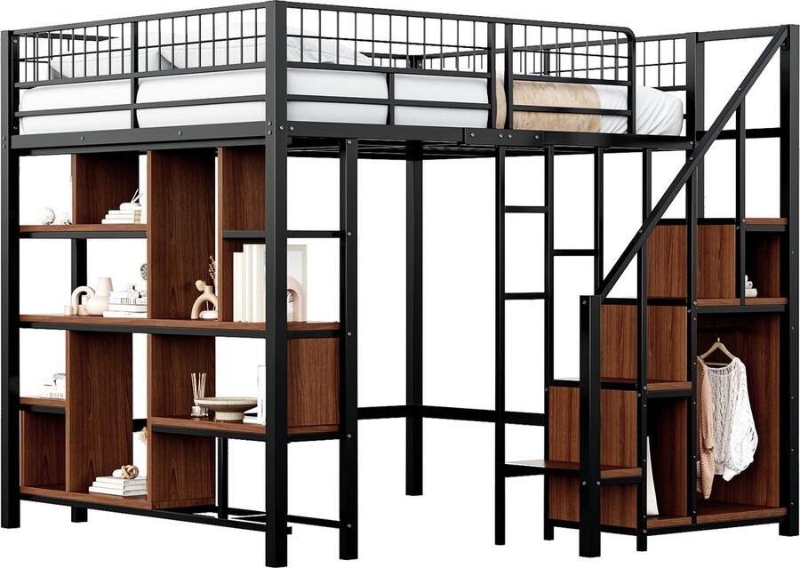 Merax Multifunctioneel Hoogbed 140x200 cm – Metaal Bed met Opbergruimte Aangepaste Trappen Grote Onderruimte Ideaal voor Volwassenen en Kinderen