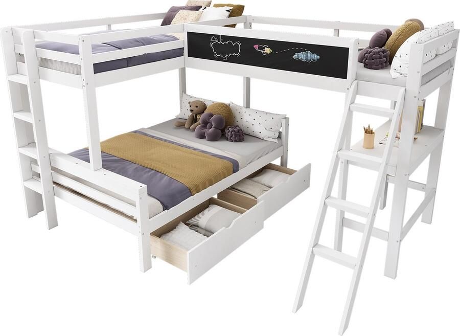 Merax Kinderhoogslaper voor Drie Kinderen Stapelbed met Schuifladen Bureau en Opbergrek 140x200 cm en 90x200 cm Wit Eiken