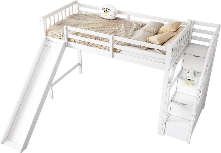 Merax Hoogslaper 90x200 cm voor Kinderen Eenpersoonsbed met Glijbaan en Uitvalbeveiliging EN747-gecertificeerd Wit - Foto 2