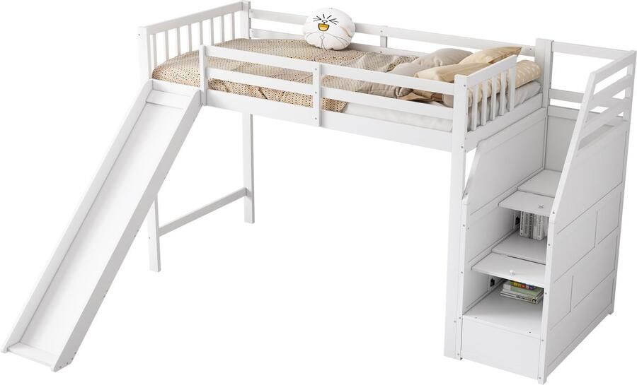 Merax Hoogslaper 90x200 cm voor Kinderen Eenpersoonsbed met Glijbaan en Uitvalbeveiliging EN747-gecertificeerd Wit