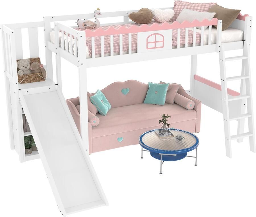 Merax Hoogslaper voor Kinderen met Glijbaan en Verlichting – Bed 90x200 – Wit