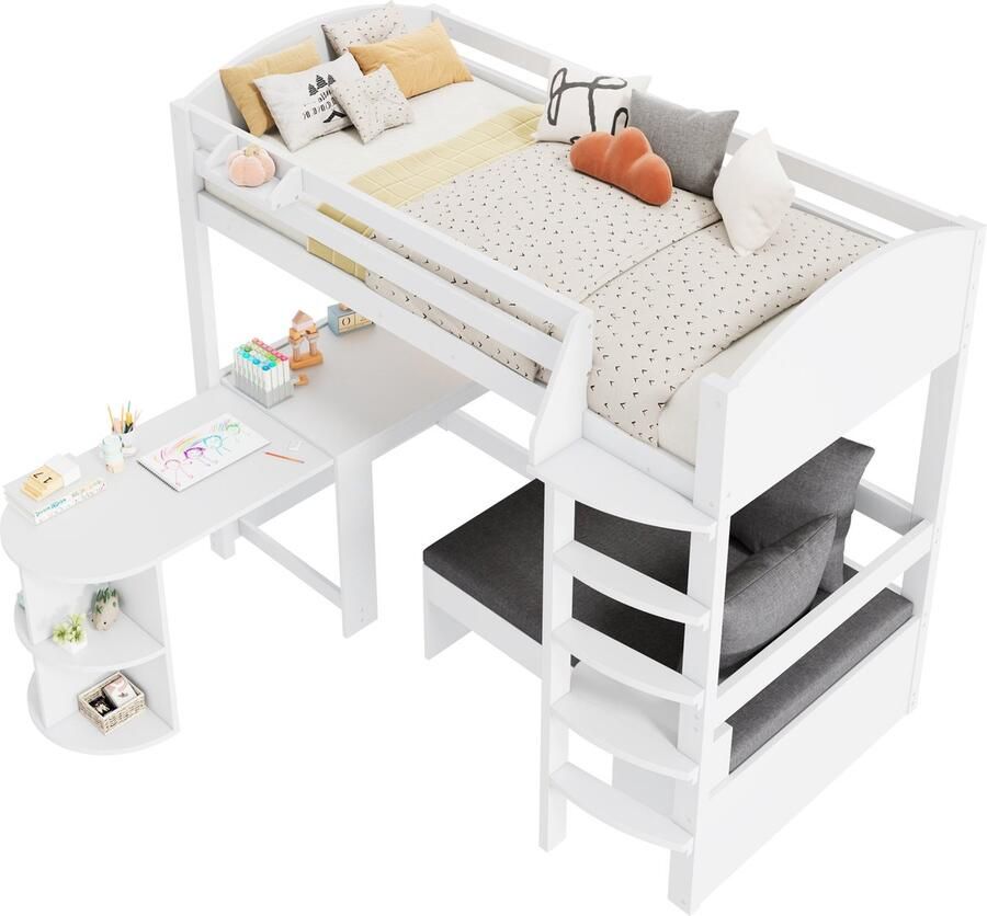 Merax Stapelbed voor Kinderen Multifunctioneel Kinderbed met Ladder Uitschuifbare Tafel Slaapbank met Opbergruimte en Drie Kussens Inclusief Lattenbodem Massief Hout Wit 90x200 cm