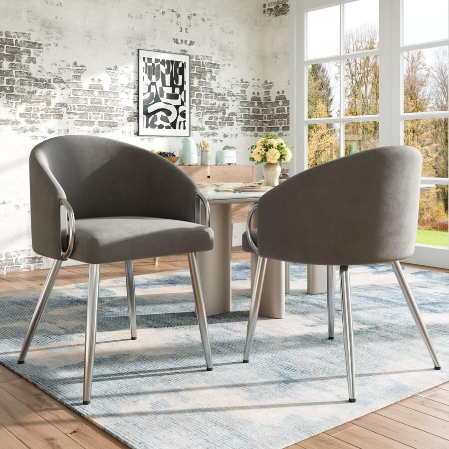 Merax Hoogwaardige fluweel stoffen eetkamerstoel (2 stuks) make-upstoel gegalvaniseerd verzilverde ijzeren poten eenvoudige en sfeervolle lichtgewicht luxe stoel met verstelbare poten grijs