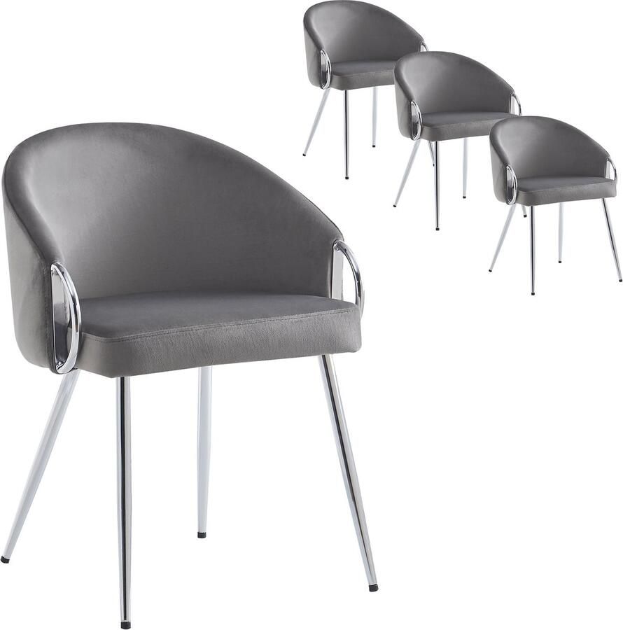 Merax Hoogwaardige fluweel stoffen eetkamerstoel (4 stuks) make-upstoel gegalvaniseerd verzilverde ijzeren poten eenvoudige en sfeervolle lichtgewicht luxe stoel met verstelbare poten grijs