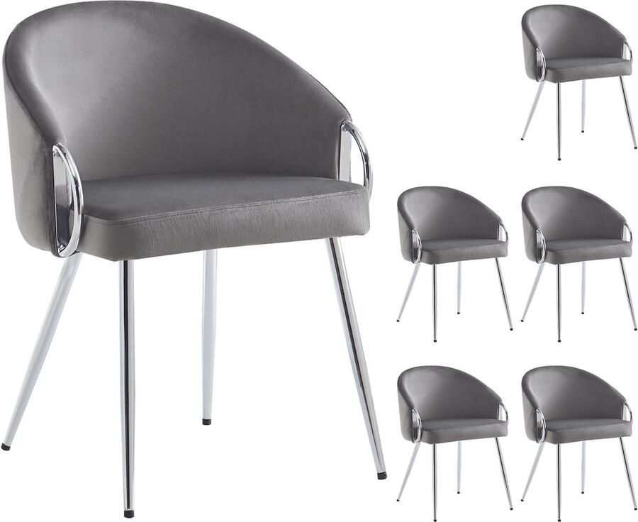 Merax Hoogwaardige fluweel stoffen eetkamerstoel (6 stuks) make-upstoel gegalvaniseerd verzilverde ijzeren poten eenvoudige en sfeervolle lichtgewicht luxe stoel met verstelbare poten grijs