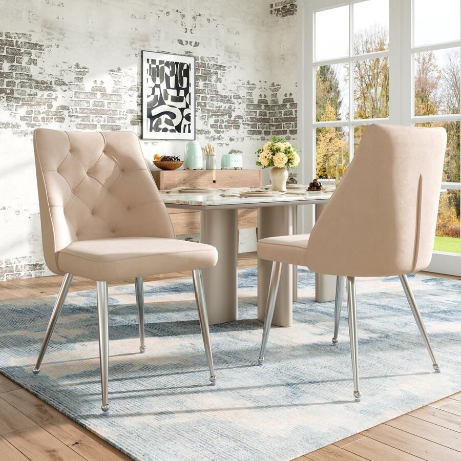 Merax Hoogwaardige fluweel stoffen eetkamerstoelen (2 stuks) gegalvaniseerd zilveren ijzeren poten make-upstoel uniek design lichtgewicht luxe stoelen verstelbare poten beige