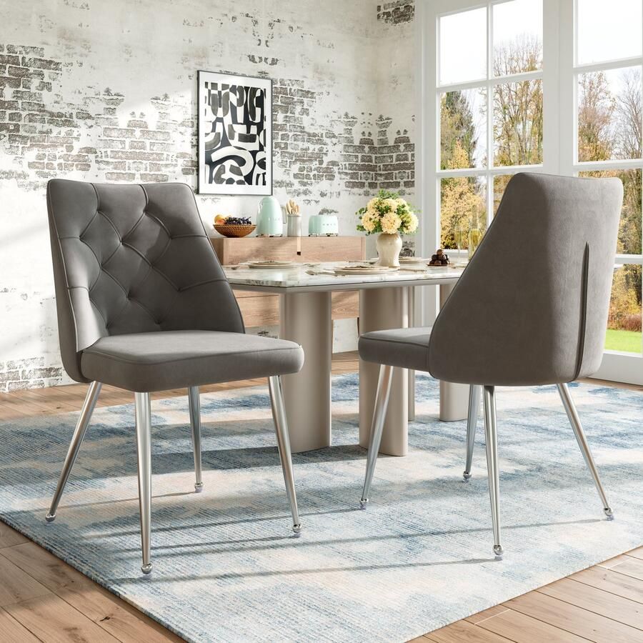 Merax Hoogwaardige fluweel stoffen eetkamerstoelen (2 stuks) gegalvaniseerd zilveren ijzeren poten make-upstoel uniek design lichtgewicht luxe stoelen verstelbare poten grijs