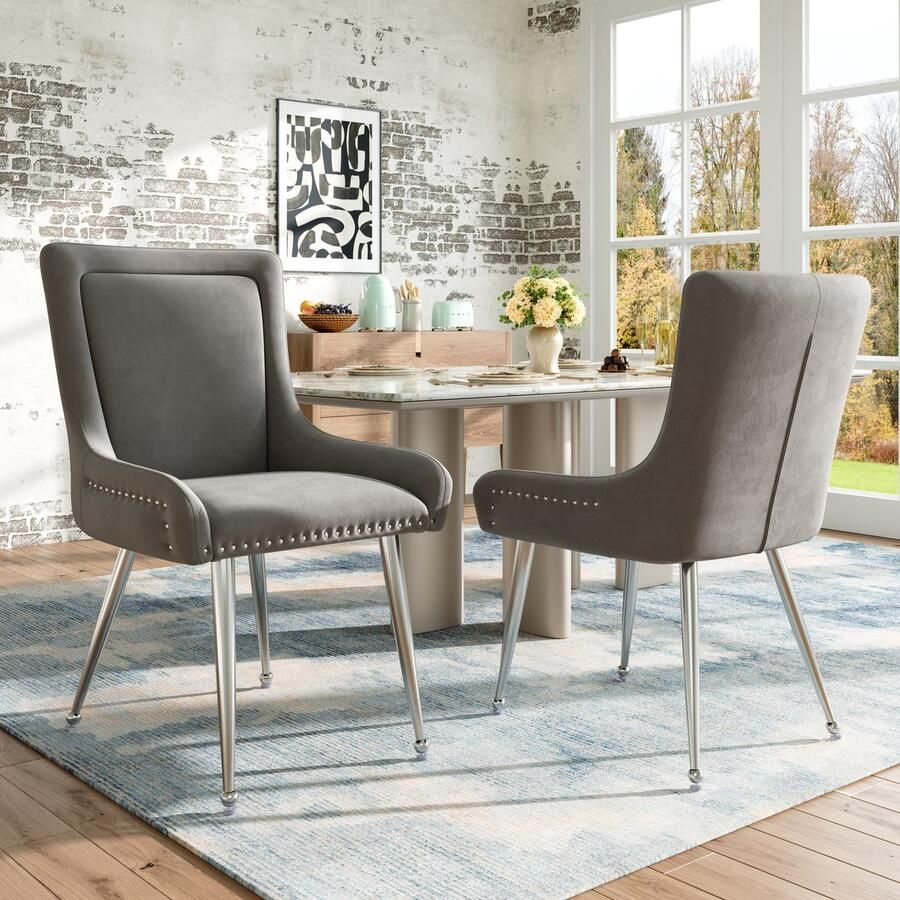 Merax Hoogwaardige fluweel stoffen eetkamerstoelen (2 stuks) make-upstoel gegalvaniseerd zilveren ijzeren poten uniek design lichtgewicht luxe stoelen verstelbare poten grijs