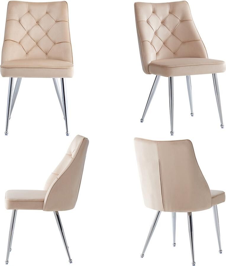 Merax Hoogwaardige fluweel stoffen eetkamerstoelen (4 stuks) gegalvaniseerd zilveren ijzeren poten make-upstoel uniek design lichtgewicht luxe stoelen verstelbare poten beige