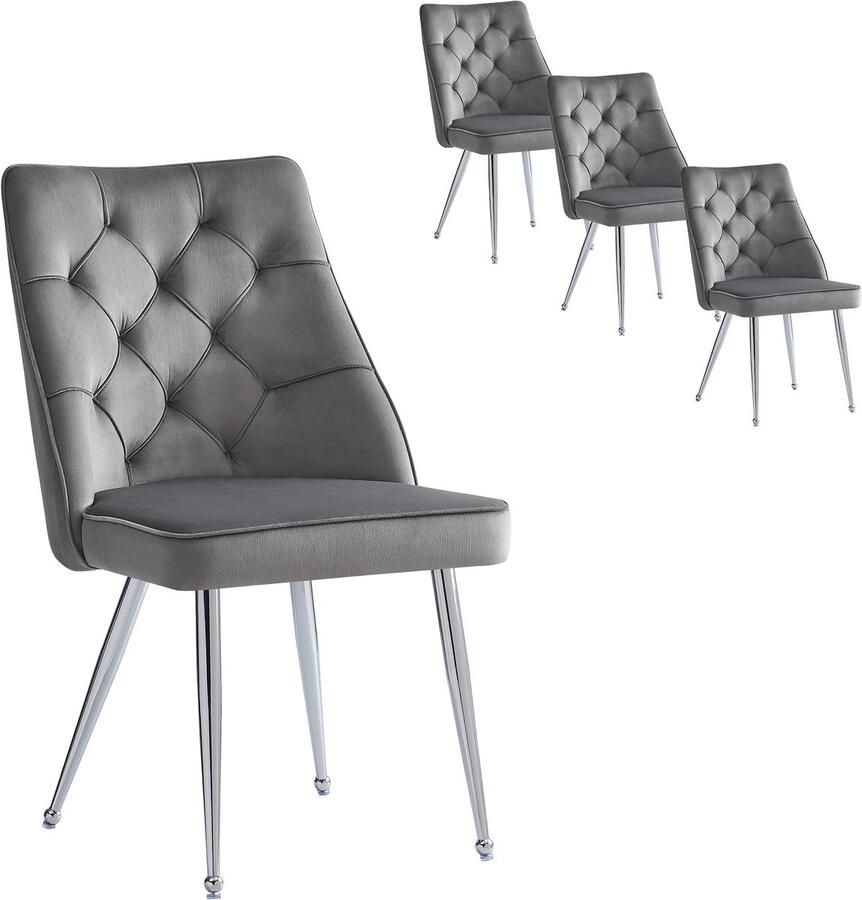 Merax Hoogwaardige fluweel stoffen eetkamerstoelen (4 stuks) gegalvaniseerd zilveren ijzeren poten make-upstoel uniek design lichtgewicht luxe stoelen verstelbare poten grijs