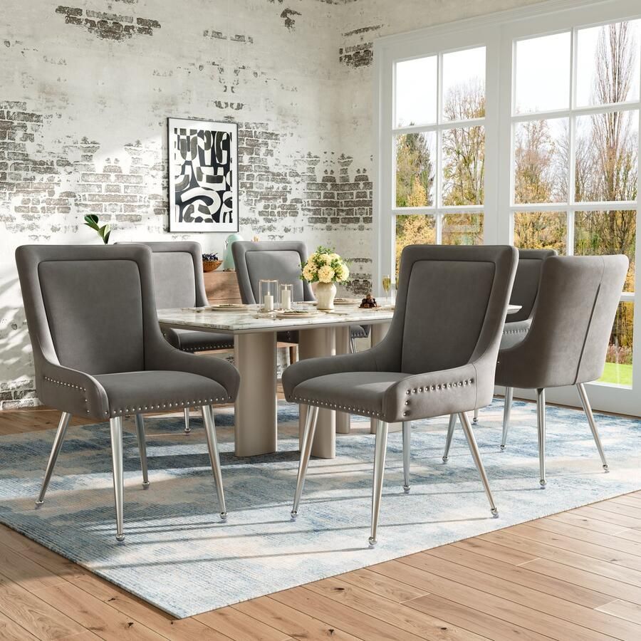 Merax Hoogwaardige fluweel stoffen eetkamerstoelen (4 stuks) make-upstoel gegalvaniseerd zilveren ijzeren poten uniek design lichtgewicht luxe stoelen verstelbare poten grijs