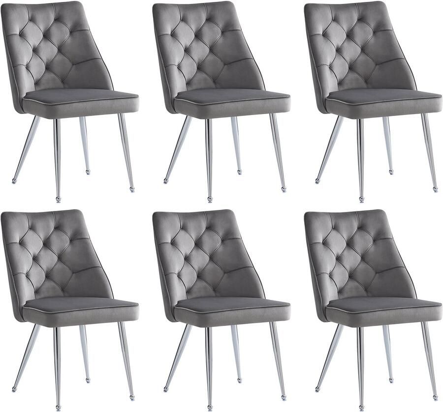 Merax Hoogwaardige fluweel stoffen eetkamerstoelen (6 stuks) gegalvaniseerd zilveren ijzeren poten make-upstoel uniek design lichtgewicht luxe stoelen verstelbare poten grijs