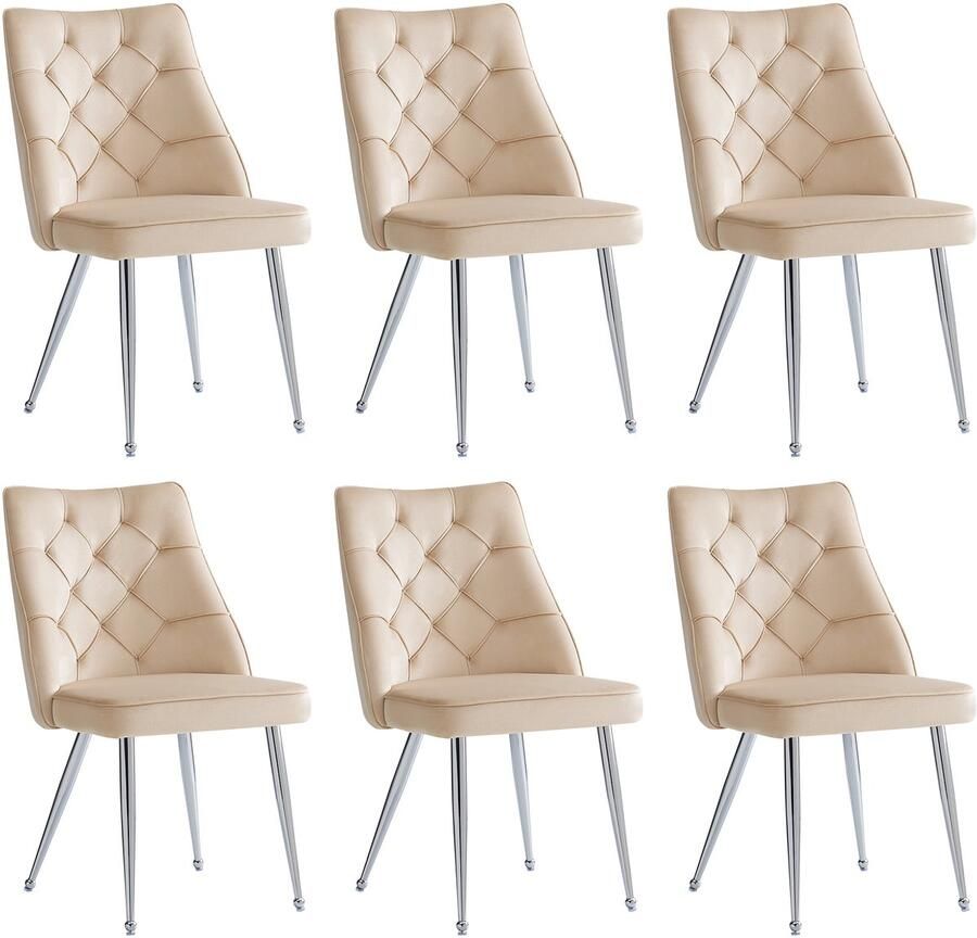 Merax Hoogwaardige fluweel stoffen eetkamerstoelen (6 stuks) gegalvaniseerd zilveren ijzeren poten make-upstoel uniek design lichtgewicht luxe stoelen verstelbare poten beige