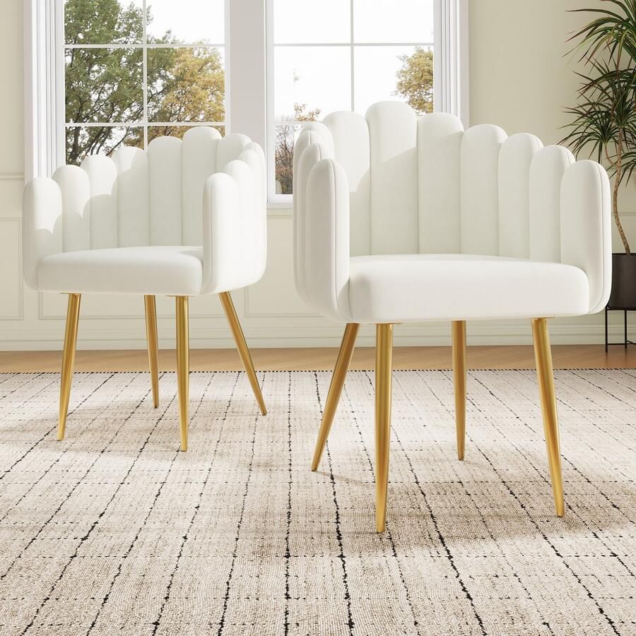 Merax Hoogwaardige fluwelen stof (2 stuks) Eetkamerstoel make-upstoel gegalvaniseerde gouden ijzeren poten eenvoudige lichtgewicht luxe stoel unieke waaiervormige designstoel verstelbare poten