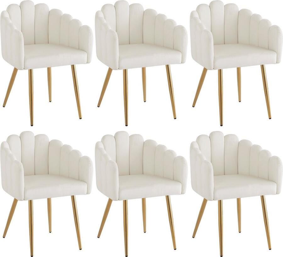 Merax Hoogwaardige fluwelen stof (6 stuks) Eetkamerstoel make-upstoel gegalvaniseerde gouden ijzeren poten eenvoudige lichtgewicht luxe stoel unieke waaiervormige designstoel verstelbare poten