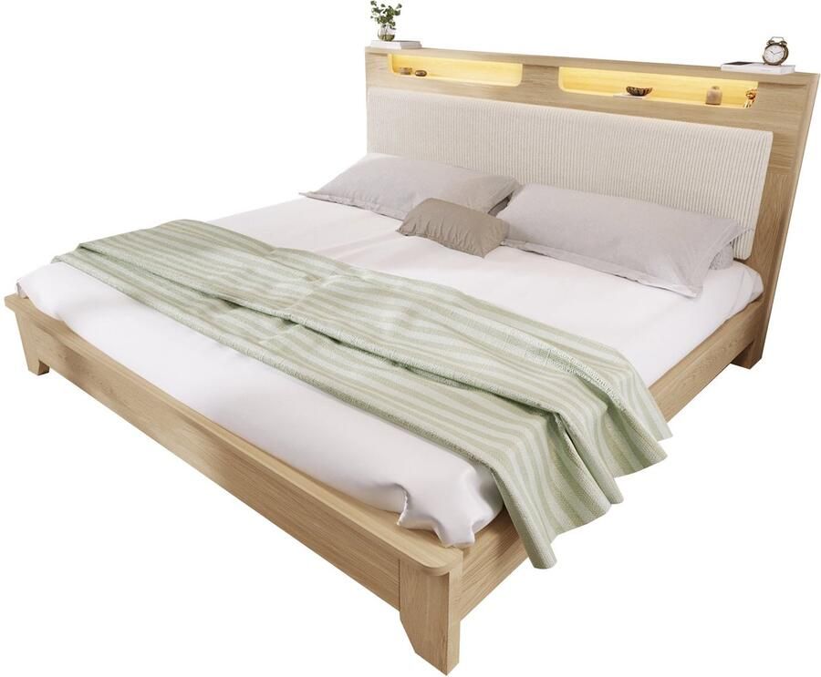 Merax Tweepersoonsbed 160x200 cm Houten Bedframe in Eikenlook Hoofdbord met Opbergruimte en LED-verlichting Inclusief Matras Beige Corduroy Bekleding