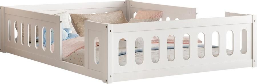 Merax Houten Bed 140x200 met Veiligheidshek Wit Stevig Houten Frame Laag Platformbed zonder Boxspring Eenvoudige Montage