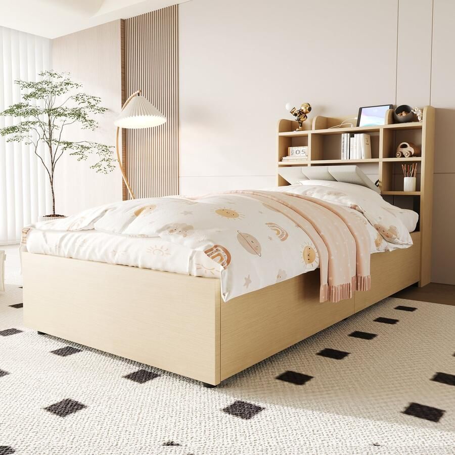 Merax Houten bed 90 x 200 cm eenpersoonsbed met opbergruimte met USB- en Tape-C-aansluitingen jeugdbed primaire kleur zonder matras