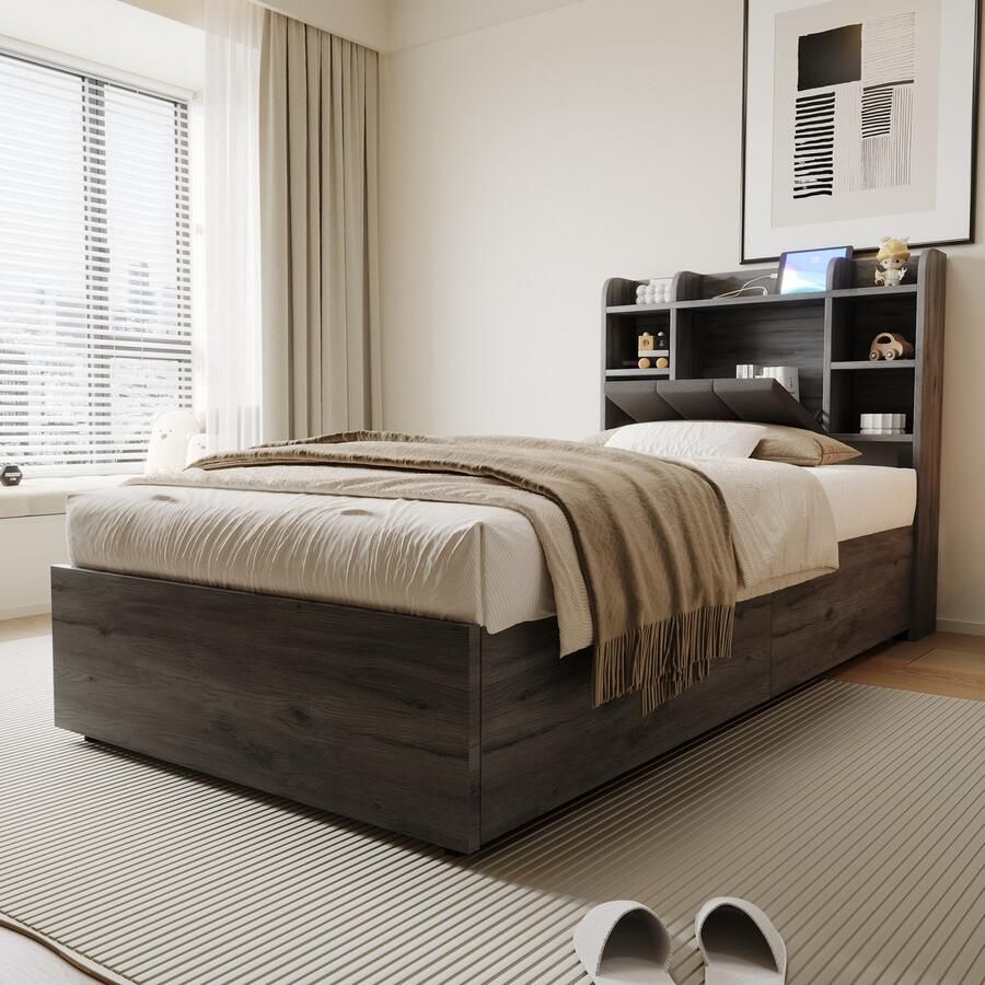 Merax Houten bed 90 x 200 cm eenpersoonsbed met opbergruimte met USB- en Tape-C-aansluitingen jeugdbed grijs zonder matras