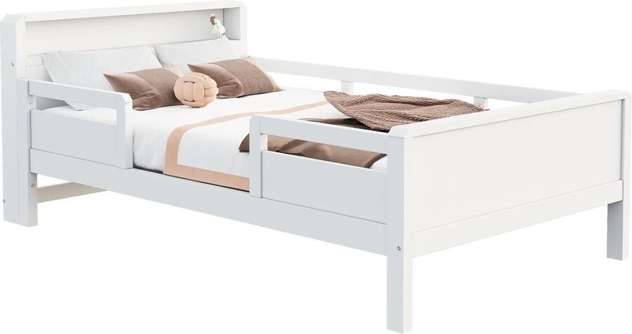 Merax Houten Bed 90×200 cm – Kinderbed en Eenpersoonsbed met LED Lamp – USB en Type-C Oplaadpunt – Hoofdbord met Opbergruimte – Wit – Zonder Matras
