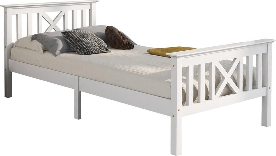 Merax Houten Bed 90x200 cm Massief Houten Bedframe met Lattenbodem en X-vormig Hoofdbord Kinderbed en Jeugdbed Wit