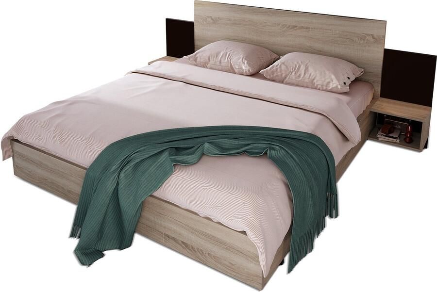Merax Slaapkamer Meubel Set Tweepersoonsbed 160x200 cm met 2 Nachtkastjes Modern Houten Bed Donkergrijs Houtkleur
