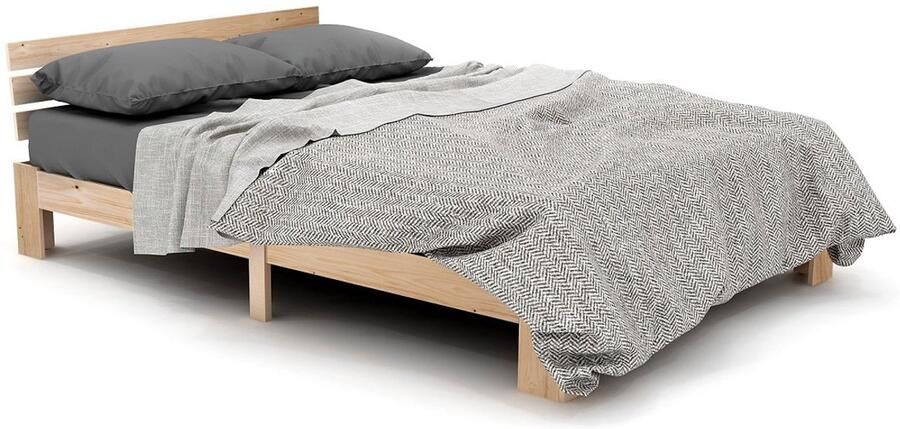 Merax Houten Bed met Hoofdeinde 140x200 cm Massief Hout Lattenbodem Natuurlijk Kleur Geschikt als Logeerbed
