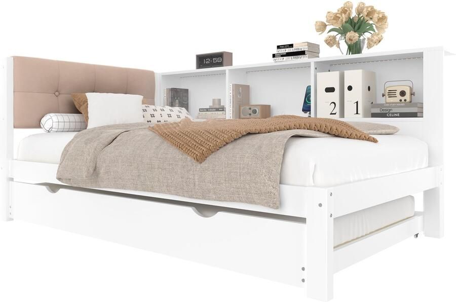 Merax Houten Bed met Uittrekbaar Logeerbed – 90x200 cm – Met LED Verlichting USB-aansluiting & Open Rek – Wit – Bed zonder Matras - Foto 2