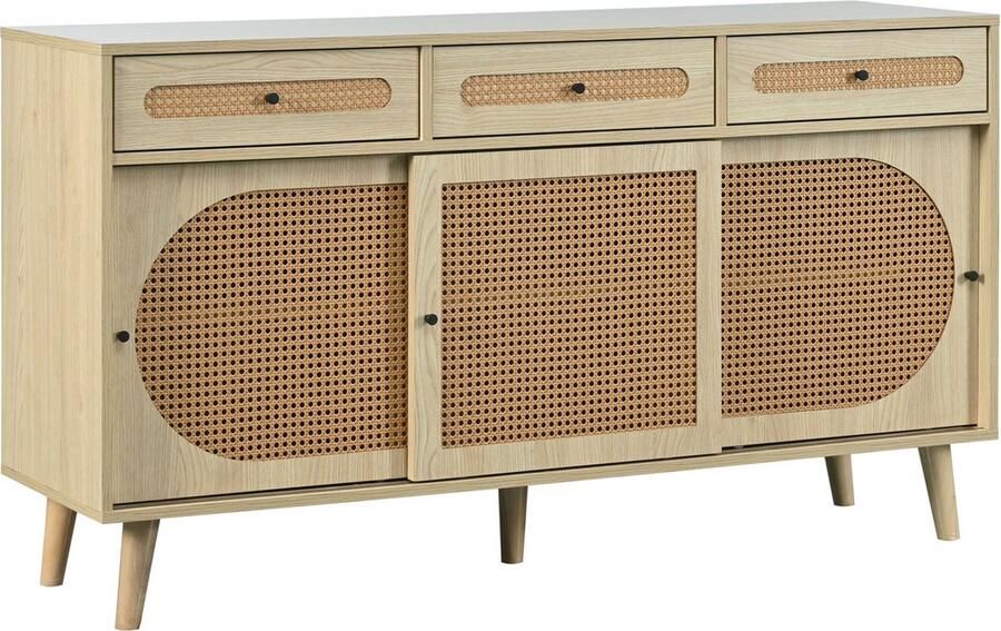 Merax Houten Dressoir 140 cm met PE Rattan Deuren Kast met Verstelbare Planken en 3 Schuifdeuren – Modern Opbergmeubel met 3 Lades in Eikenlook
