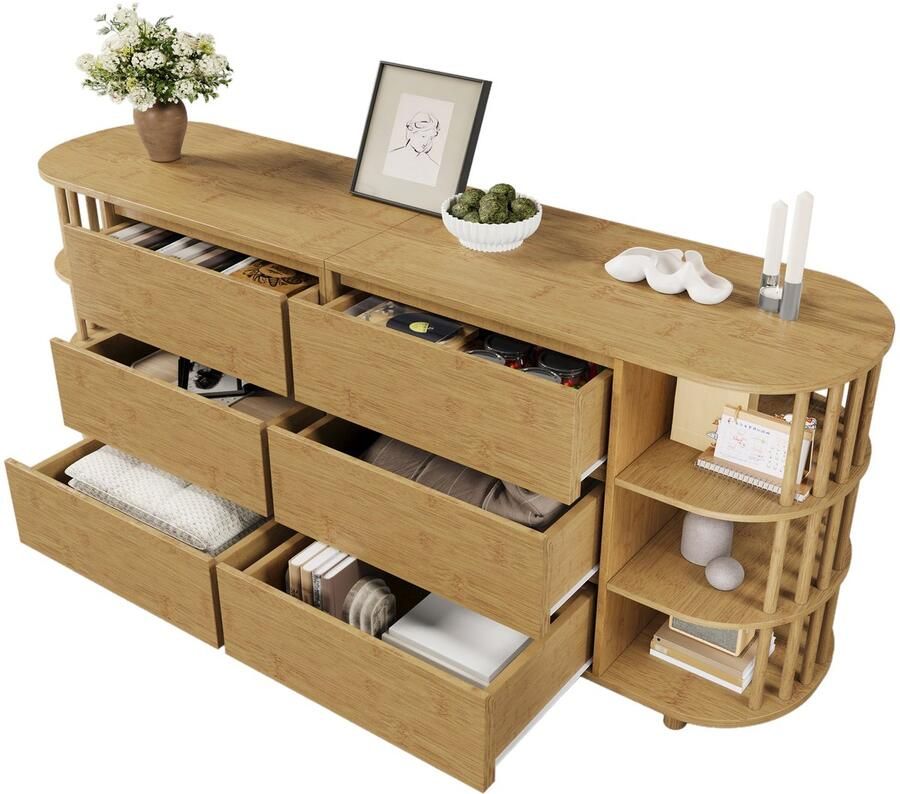 Merax Houten Sideboard 160 x 40 x 75 cm – Ovaal Dressoir met 6 Lades en Open Bamboeplanken – Elegant Retro Ontwerp in Eikenkleur – Veel Opbergruimte voor Woonkamer of Eetkamer