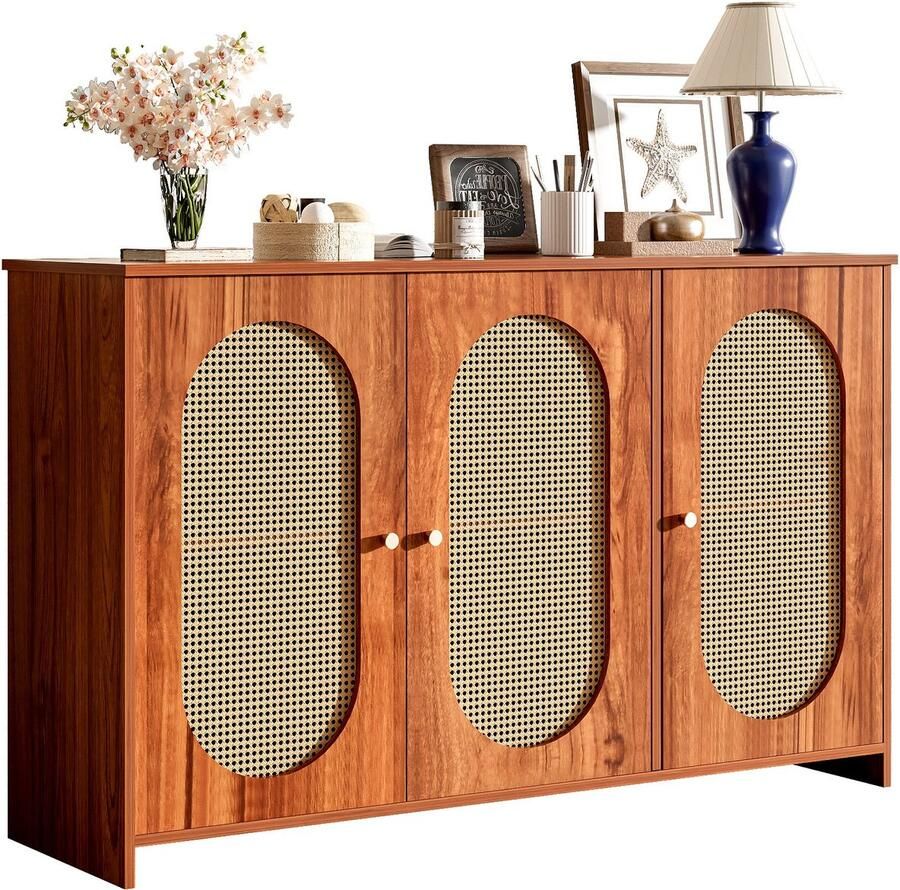 Merax Houten Dressoir 3 Deuren Rattanlook Walnootkleur Verstelbare Planken Vintage Handgrepen Voor Woonkamer Eetkamer Keuken 125x38x78 cm