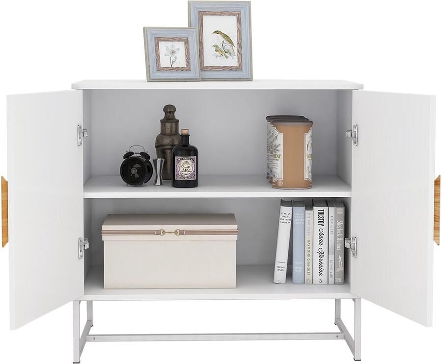 Merax Houten Dressoir met Vierkante Handgrepen 2 Deurs Opbergkast Wit MDF met Ijzeren Frame Modern Buffetkast of Halmeubel 80x40x75 cm