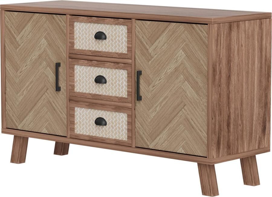Merax Houten Dressoir met Visgraatpatroon 3 Lades en 2 Deuren Massiefhouten Poten 120 x 40 x 84 cm